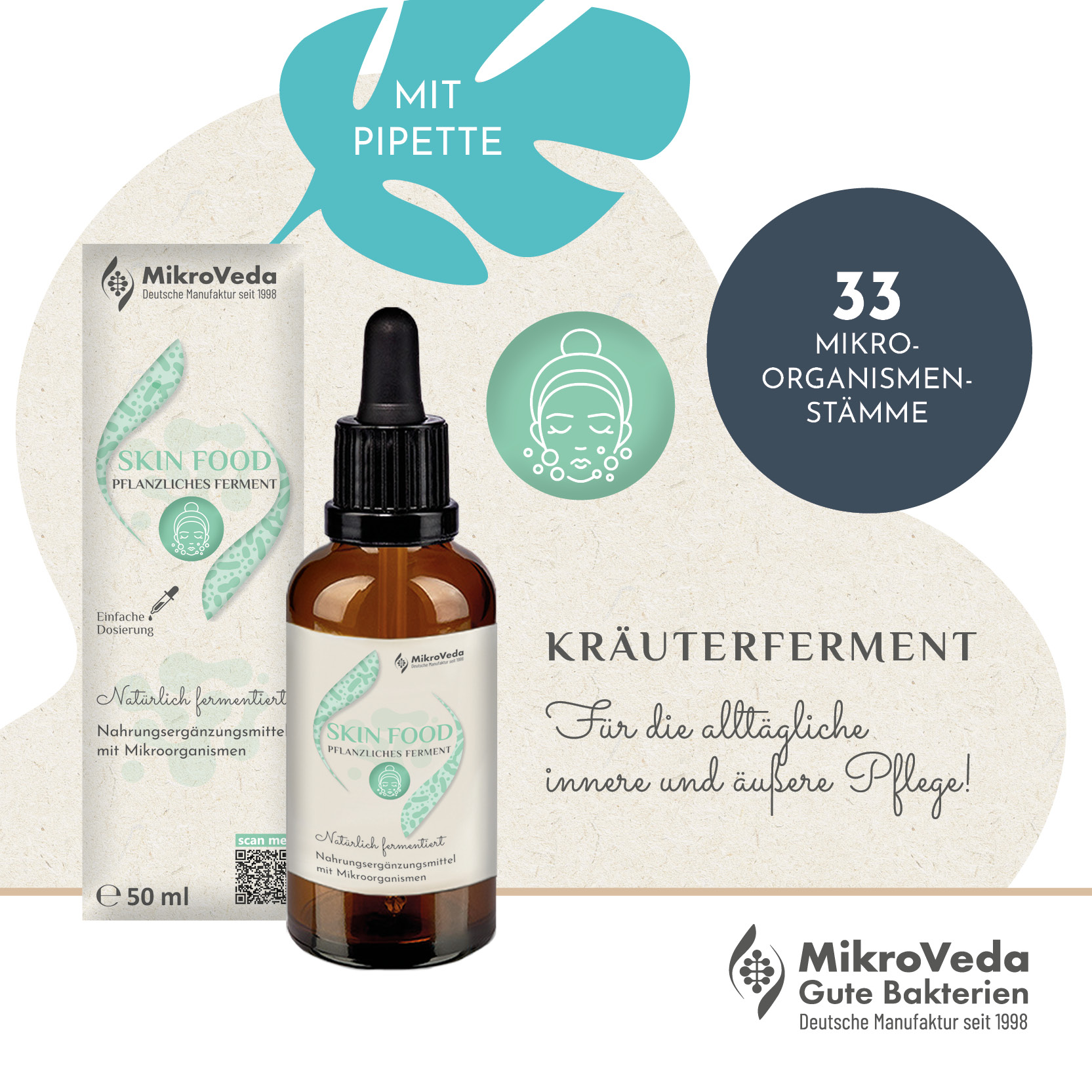 MikroVeda SKIN FOOD Kräuterferment 50 ml Glasflasche DE-ÖKO-037