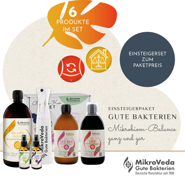 MikroVeda Gute Bakterien-Einsteiger-Paket mit Aufbau-Kur 3 (0,5 L LIFE & 0,5 L LIFE PUR), M33+ Mundspray, 1L BALANCE HOUSE, SLEEP WELL Raumspray und 300ml Feinsprühflasche im Set