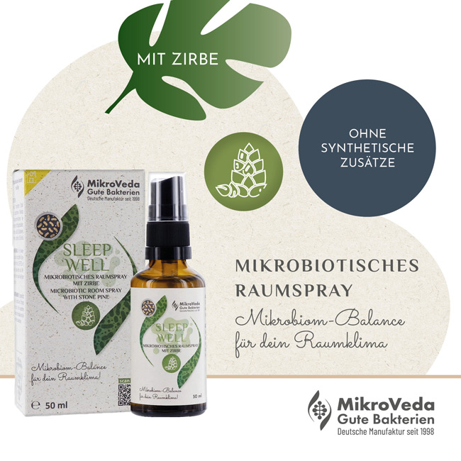 MikroVeda SLEEP WELL mikrobiotisches Raumspray mit Zirbenholz-Duft 50 ml Glassprühflasche