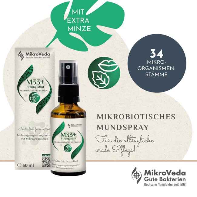 MikroVeda M33+ STRONG MINT Mikrobiotisches Mundspray Bio 50 ml Glassprühflasche